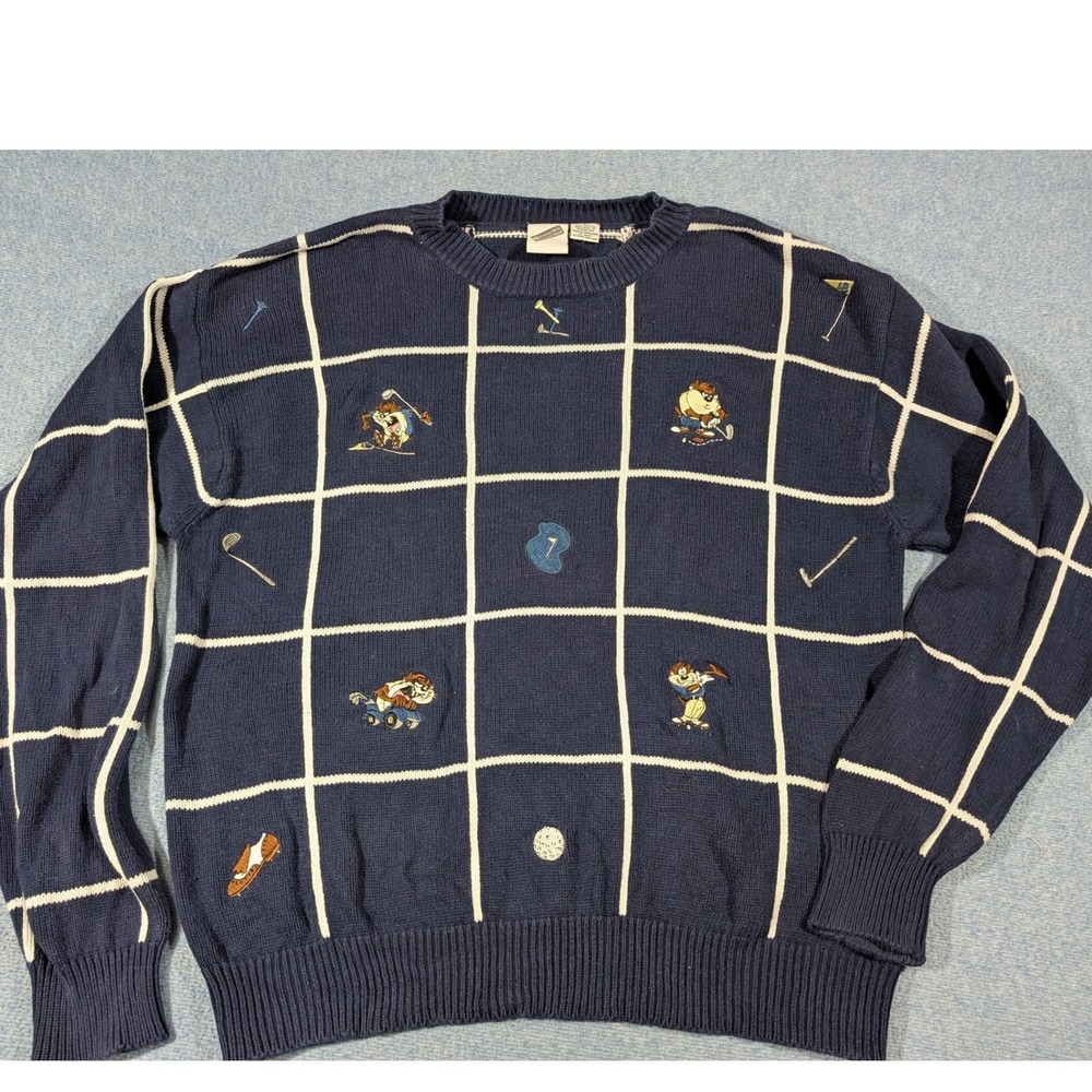 Vintage Warner Bros Studio Store Looney Tunes Golf Taz Sweater Mens Medium Navy